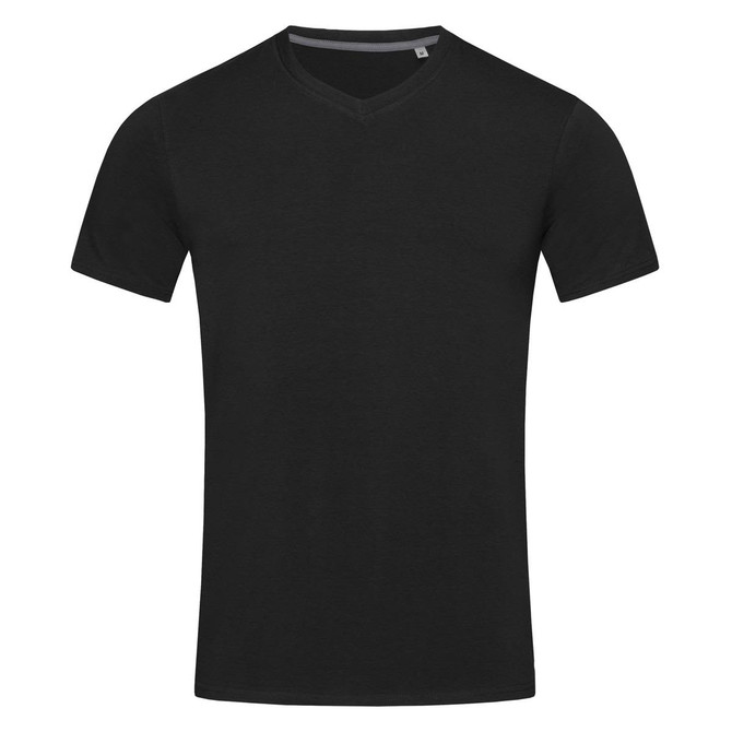 A black men's V-neck t-shirt featuring short sleeves and a simple design, with a logo on the label.