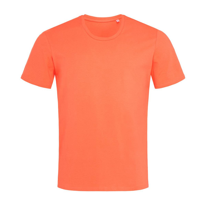 A bright orange crew neck t-shirt with short sleeves and a subtle logo on the neckline.