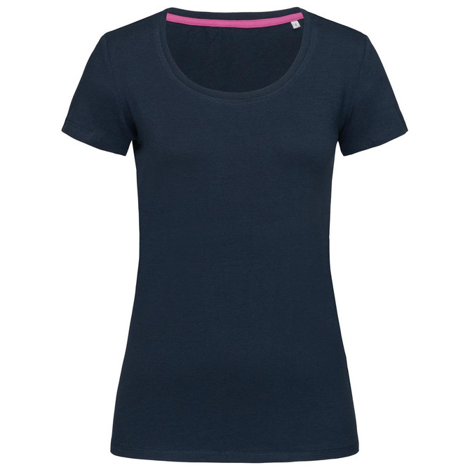 A navy women's crew neck t-shirt with short sleeves and a contrasting inner neck trim. Includes a logo.