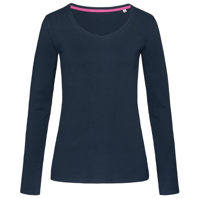 A navy long sleeve women's t-shirt with a V-neck design and a contrasting inner neckline. It features a logo.