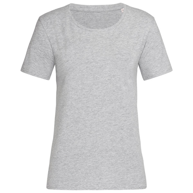 A grey women's crew neck t-shirt with short sleeves and a relaxed fit. It features a logo on the label.