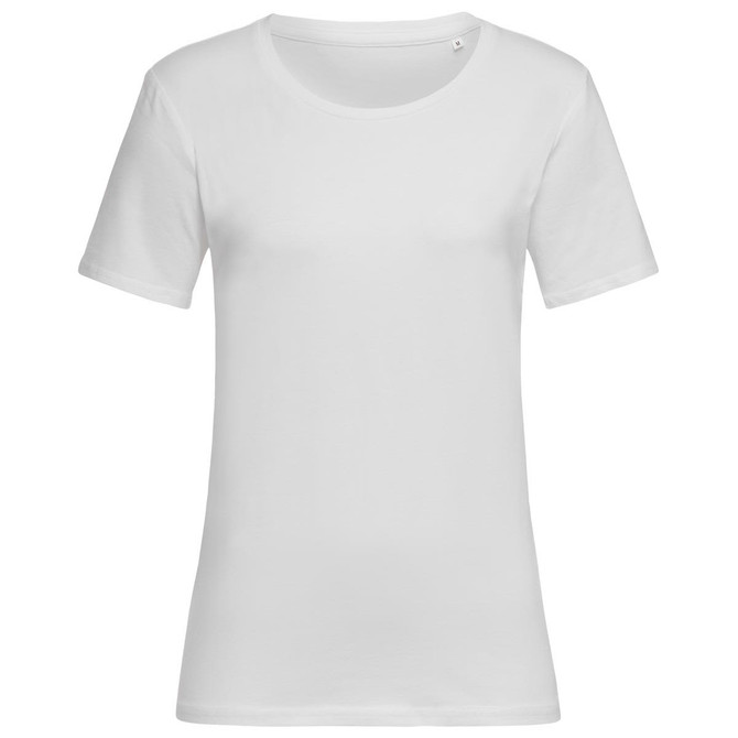 A women's white crew neck T-shirt with short sleeves and a small logo detail.