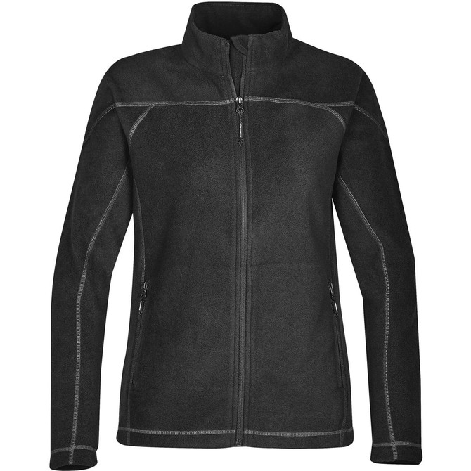 A women's black polar fleece jacket with a zip front, side pockets, and contrasting stitching. It features a logo.