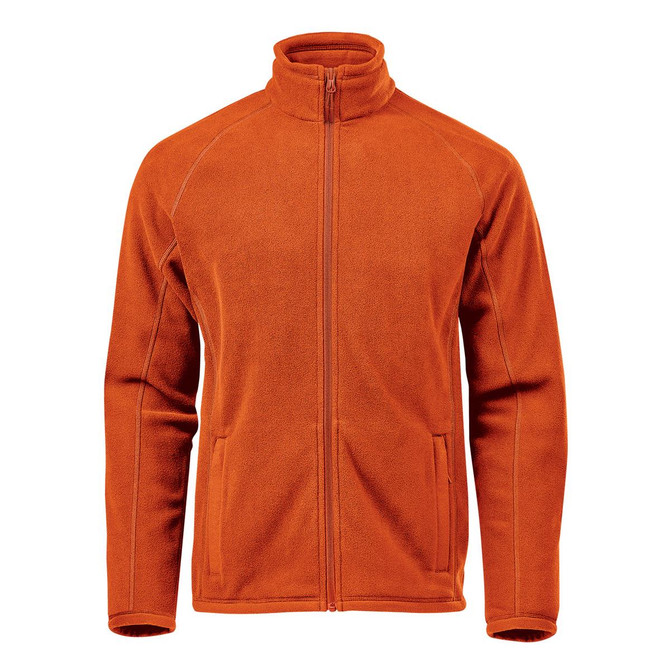 An orange polar fleece jacket with a high collar and zip front, featuring side pockets. It has a logo.