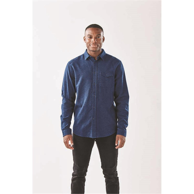 A men's long sleeve twill shirt in navy blue, featuring a button-up front and a chest pocket.