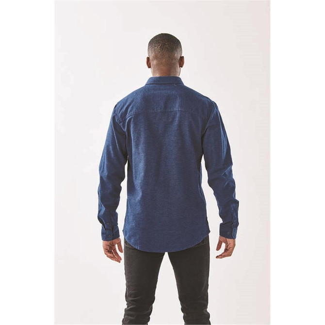 A blue men's long sleeve twill shirt displayed from the back, featuring button-up cuffs and a collar.
