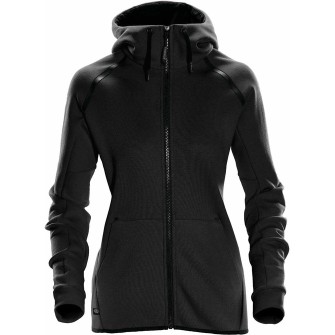 A black women's hoodie with a zip front, pockets, and a hood, featuring a logo on the side.