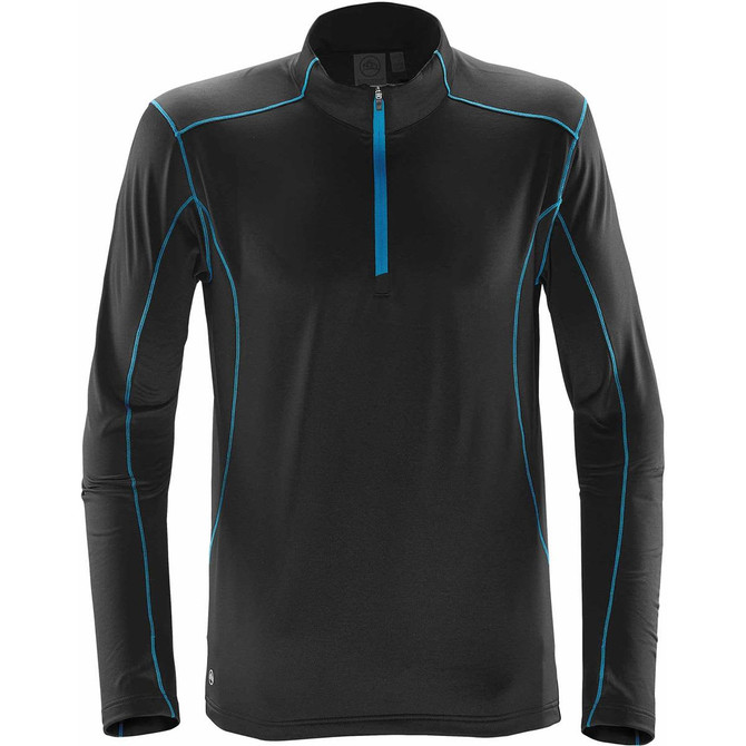 A black men's fleece pullover with a quarter zip and blue accents. It features long sleeves and a logo.