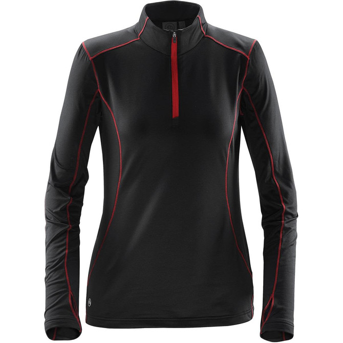 A women's black polar fleece pullover with red stitching and a half-zip front. It features long sleeves and a sporty design.