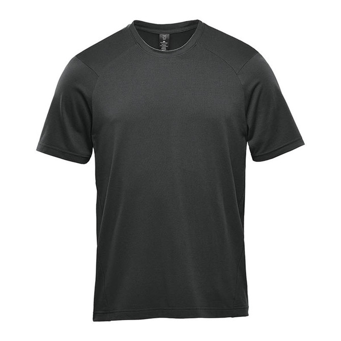A dark green short sleeve performance tee with a logo on the front and contrasting shoulder panels.