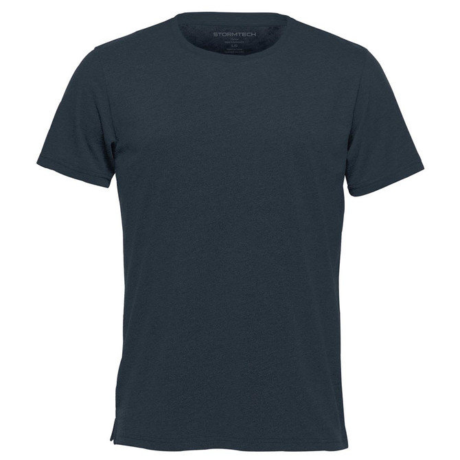 A navy blue crew neck t-shirt with short sleeves and a logo on the neck.