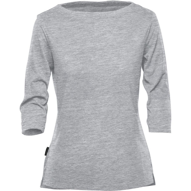 A grey women's 3/4 sleeve tee with a relaxed fit and a small logo tag.