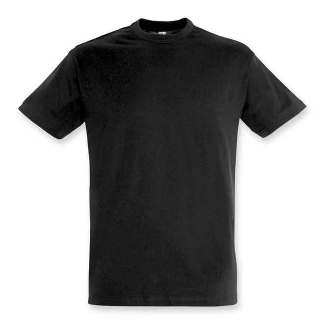 A black adult T-shirt with short sleeves and a round neck, featuring a logo on the front.