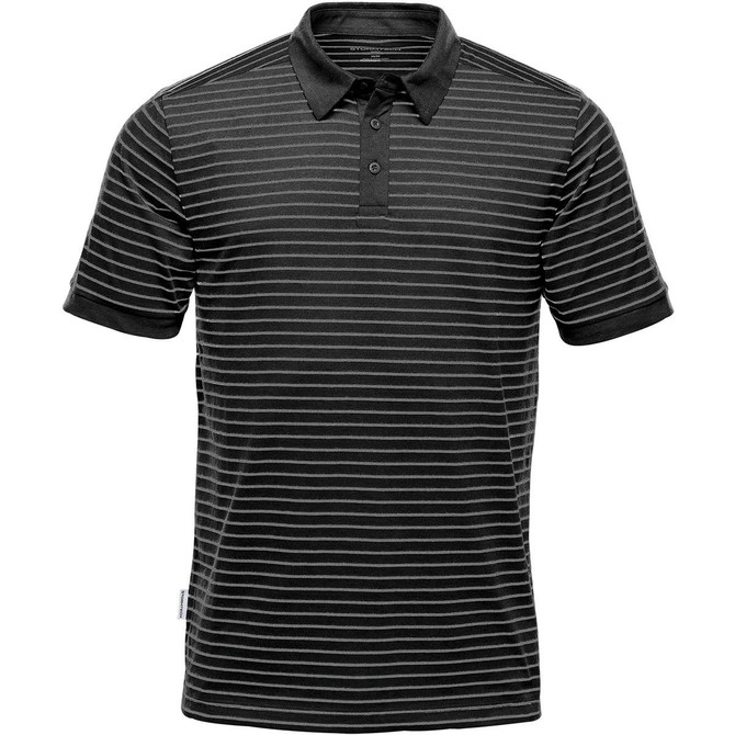 A black and grey striped polo shirt featuring a collar and a logo. Short sleeves complete the design.