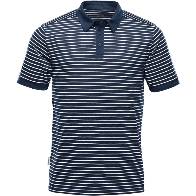 A navy and white striped polo shirt featuring a classic collar and branding on the side.