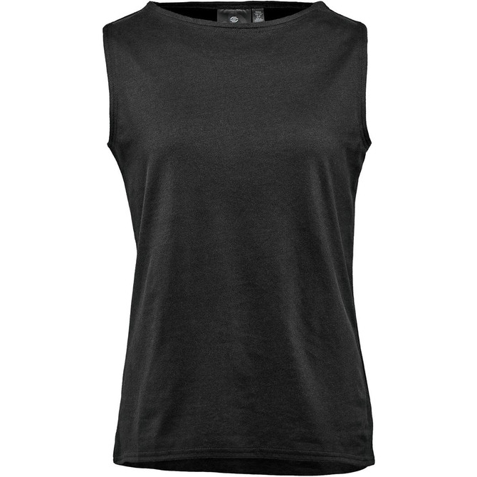 A women's sleeveless tank top in black, featuring a simple design and a logo on the label.