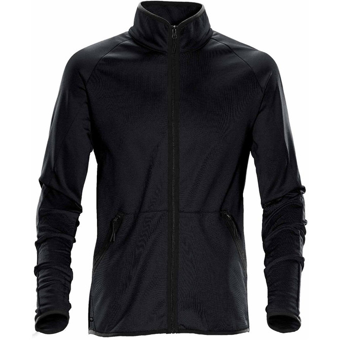 A black fleece jacket featuring a high neck, zip front, and two zippered pockets, with a logo on the side.
