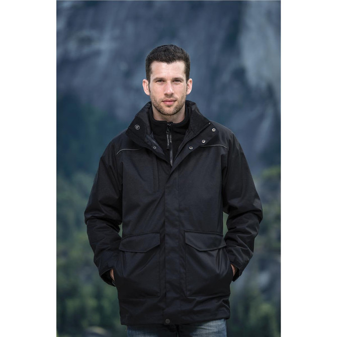A black men's parka featuring a zip-up front, hood, and two front pockets, set against a natural backdrop.