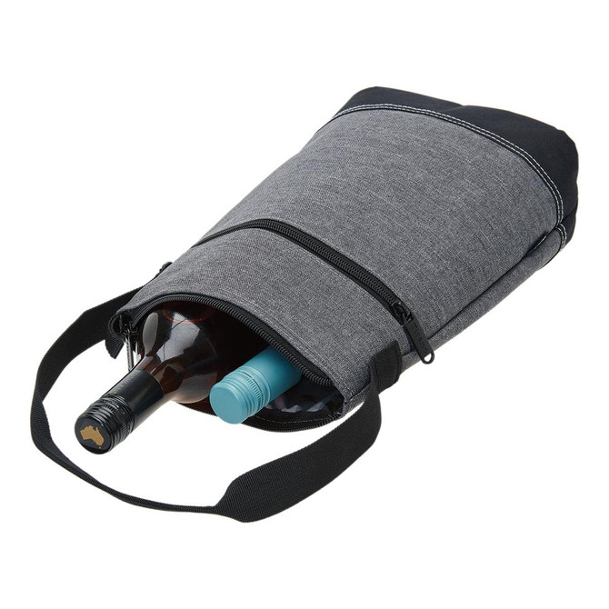 A drink bottle cooler in grey fabric, featuring two compartments for bottles and a black strap.