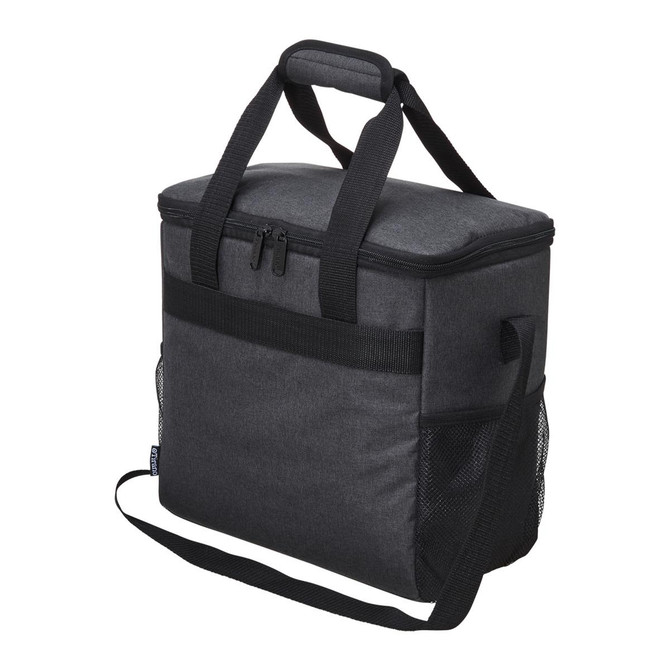 A grey cooler bag with a zippered top, handles, and a side mesh pocket. Features a logo.