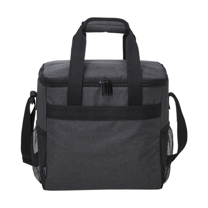 A grey cooler bag with dual handles, a detachable shoulder strap, and mesh side pockets. It features a zippered closure and branding.
