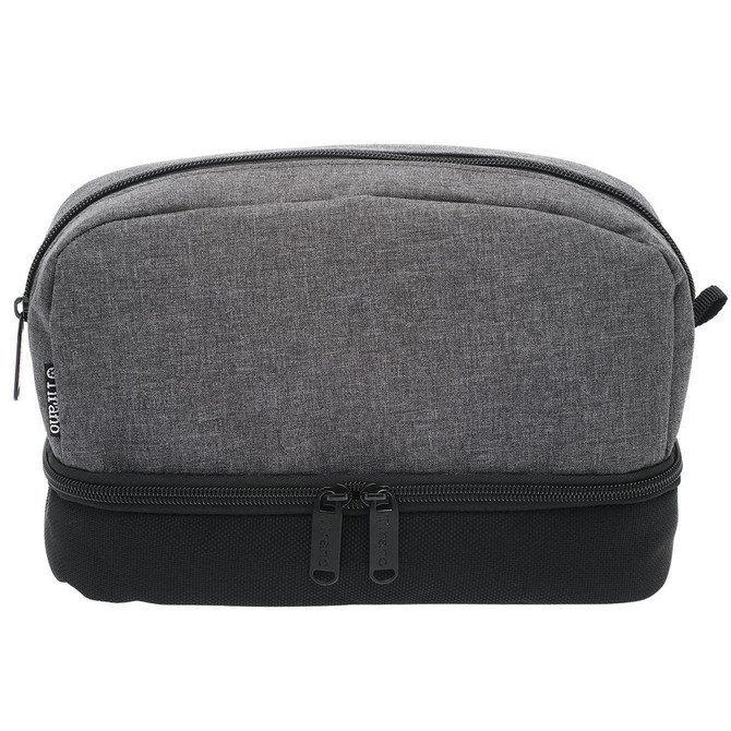 A grey and black toiletry bag with a zippered closure and a logo on the side.