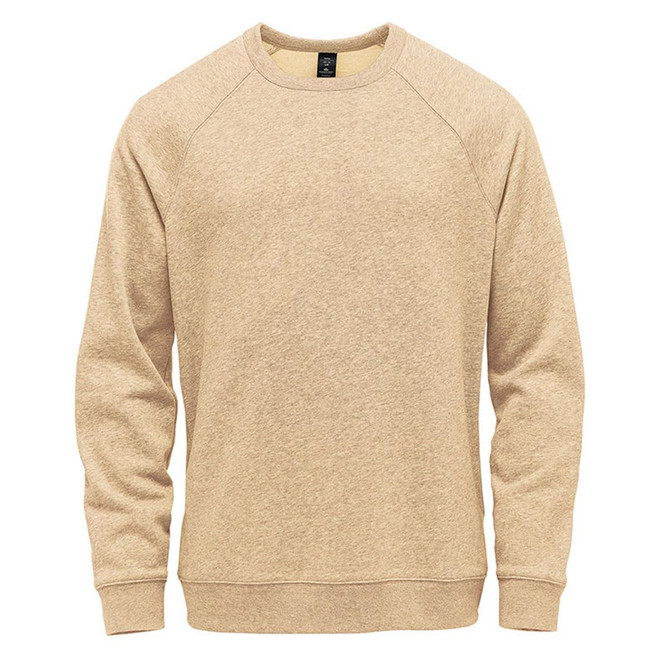 A beige crew neck fleece sweater featuring long sleeves and a logo on the front.