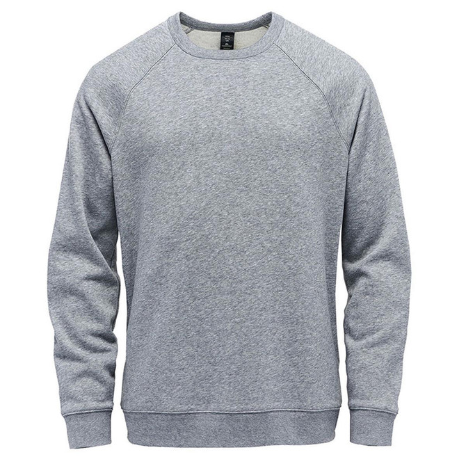A grey fleece crew neck sweater with raglan sleeves and a logo on the front.