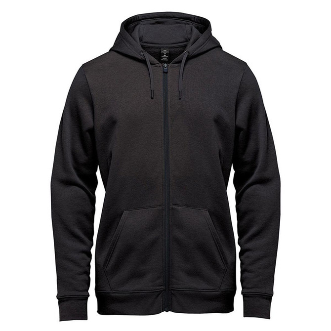 A black full zip hoody featuring a hood and front pockets, with a logo on the upper left side.