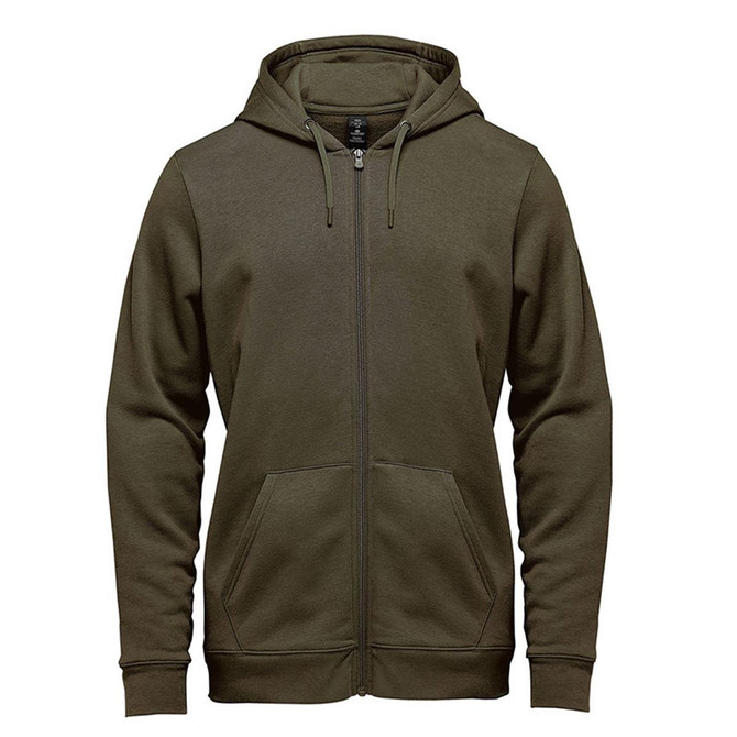 A full zip hoodie in olive green featuring a hood and front pockets, with a logo on the chest.
