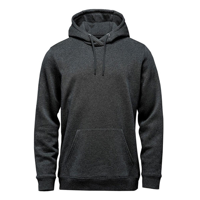 A dark grey fleece pullover hoody featuring a front pocket and adjustable drawstrings. It has a logo.