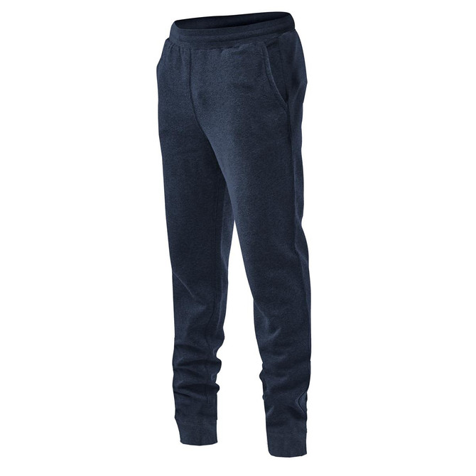 A pair of navy fleece joggers with a relaxed fit, featuring side pockets and a waistband.