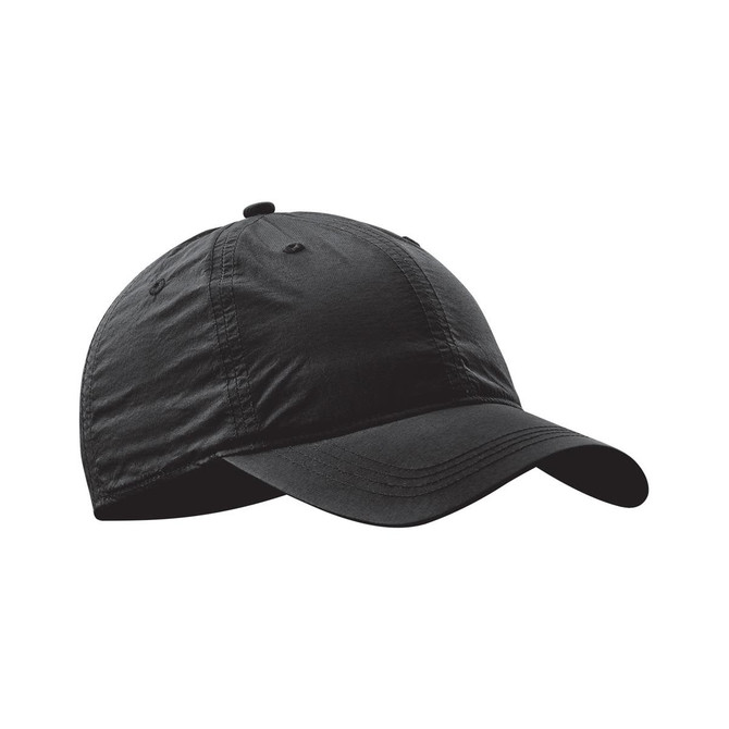 A black cap with a curved brim and an adjustable back. It features a logo on the front.