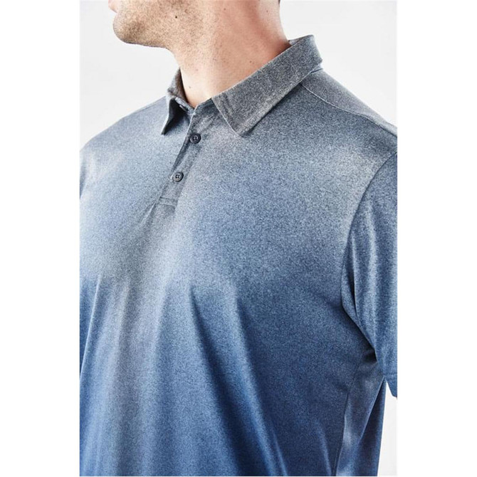 A men's polo shirt in shades of blue with a collar and a logo on the chest.