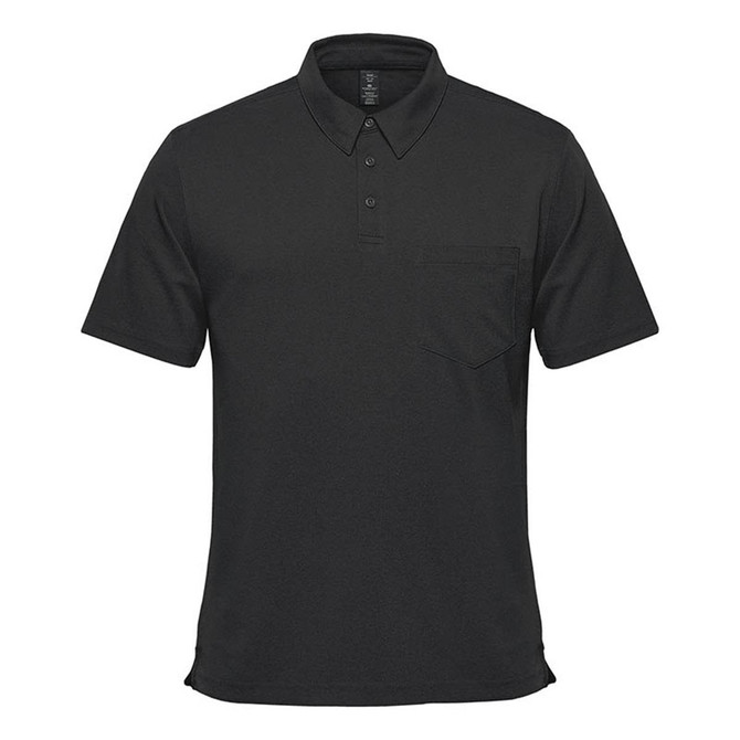 A black short sleeve polo shirt featuring a pocket and a logo on the chest. Suitable for casual wear.