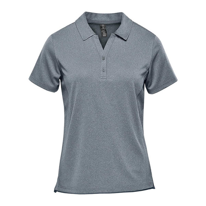A short sleeve polo shirt in a grey hue featuring a classic collar and a logo.
