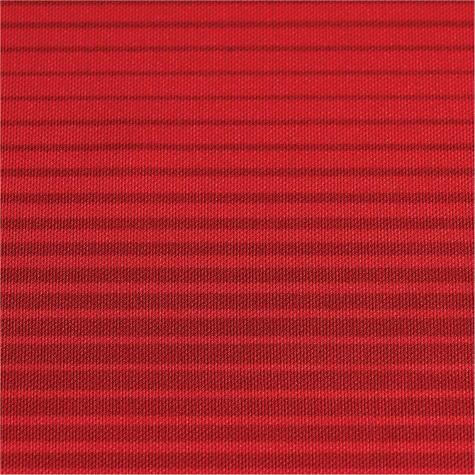 A textured fabric in vibrant red, featuring subtle horizontal stripes. Contains a logo.