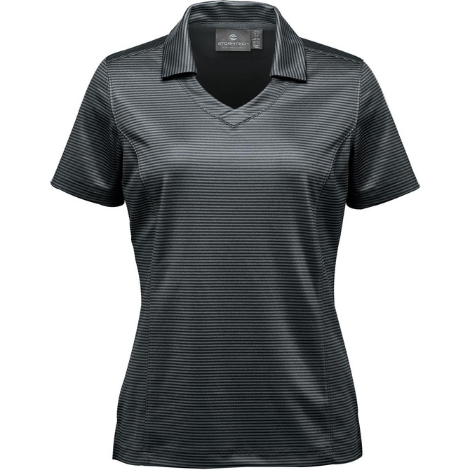 A women's polo shirt in dark grey with a textured striped pattern and a collar, featuring branding.