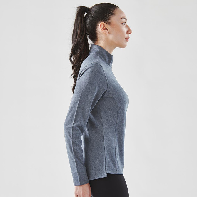 A women's grey 1/4 zip pullover, featuring long sleeves and a fitted design, displayed from the side.