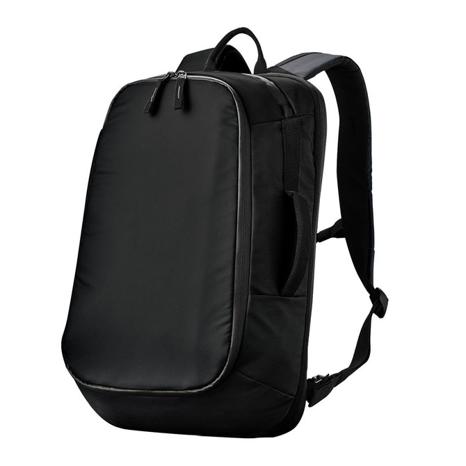A black Aeronaut Backpack 25 with a sleek design and adjustable shoulder straps, featuring a branding logo.