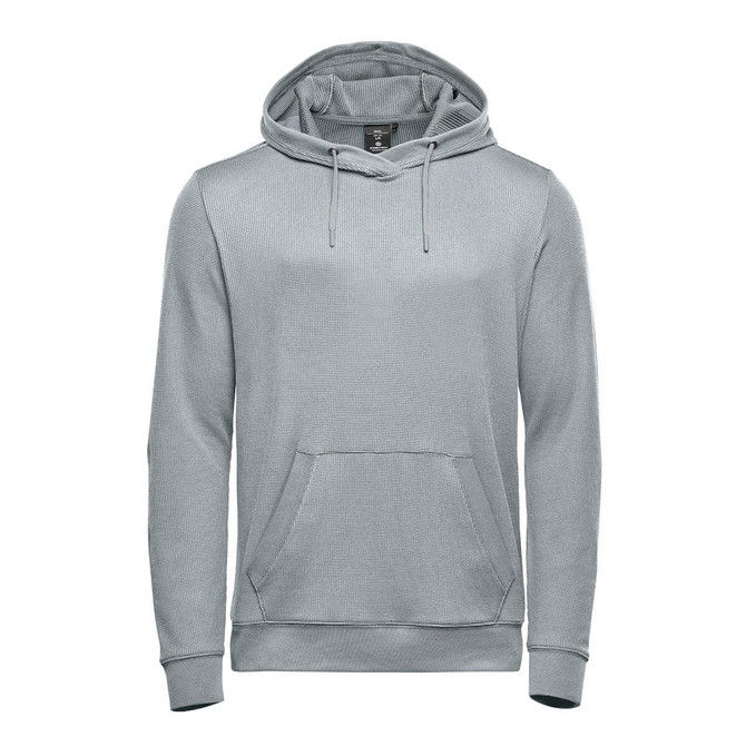 A light grey pullover hoody featuring a front pouch pocket and a hood. It has a logo on the front.