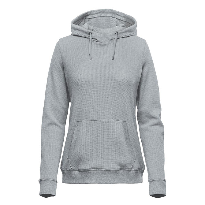 A grey women's pullover hoodie featuring a front pocket and drawstring hood. It has a subtle texture and includes a logo.