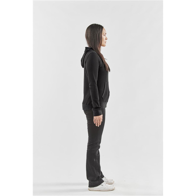 A black women's pullover hoody displayed on a model in profile, featuring a hood and front pockets.
