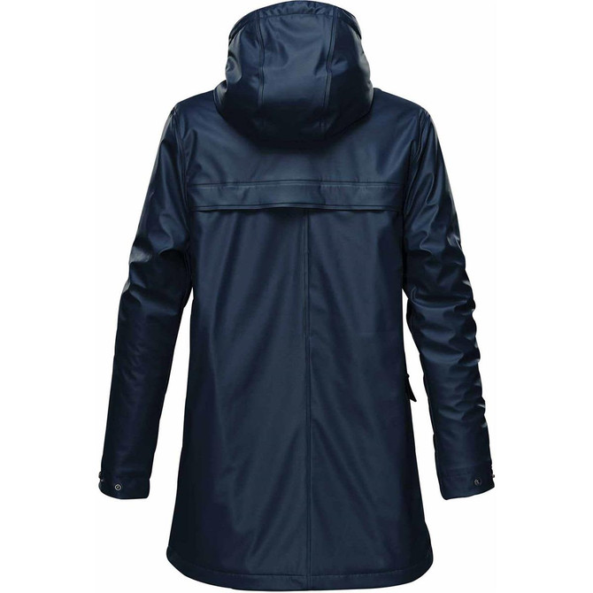 A navy women's insulated rain jacket with a hood, featuring a smooth, waterproof exterior and long sleeves.