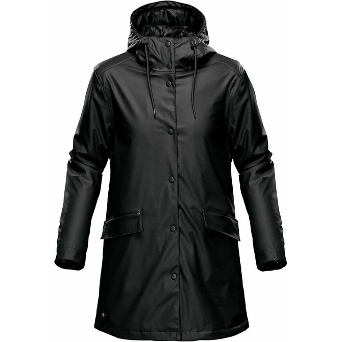 A black women's insulated rain jacket with a hood, featuring button closures and front pockets.