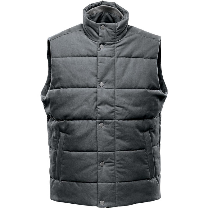 A green thermal vest featuring a high collar and button closure, designed for workwear. It includes a logo.