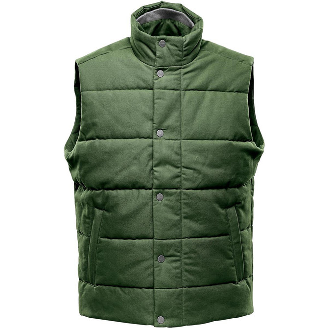 A green men's thermal vest featuring a quilted design and a high collar, with snap button closures and no sleeves.