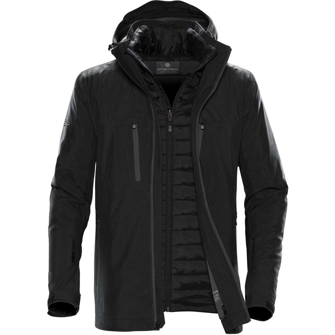 A black men's jacket with a zip front, adjustable hood, and multiple zipped pockets, featuring a logo.