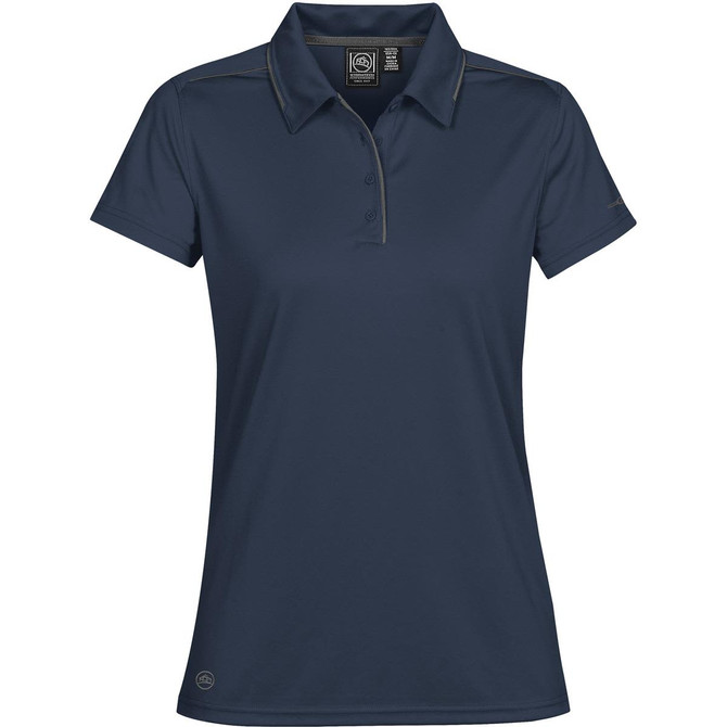 A women's navy sport polo shirt featuring a collar, short sleeves, and a logo on the hem.