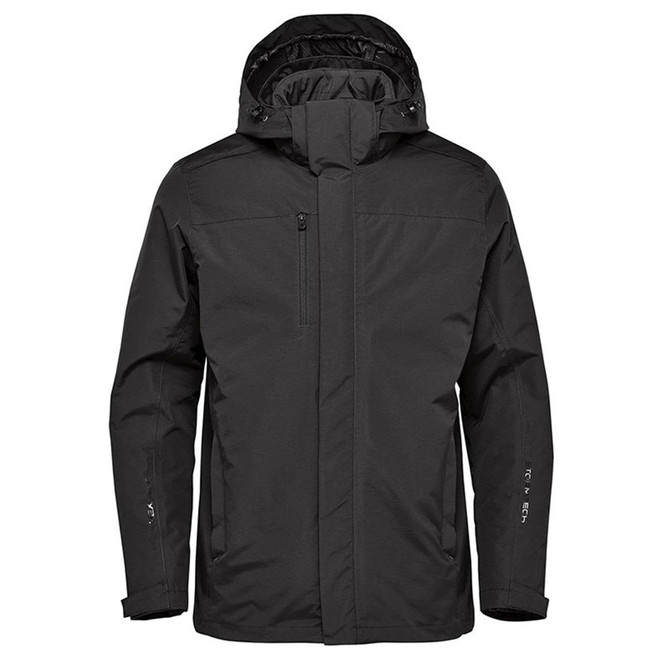A black men's jacket with a hood, featuring a front zip and zippered pockets, and includes a logo.